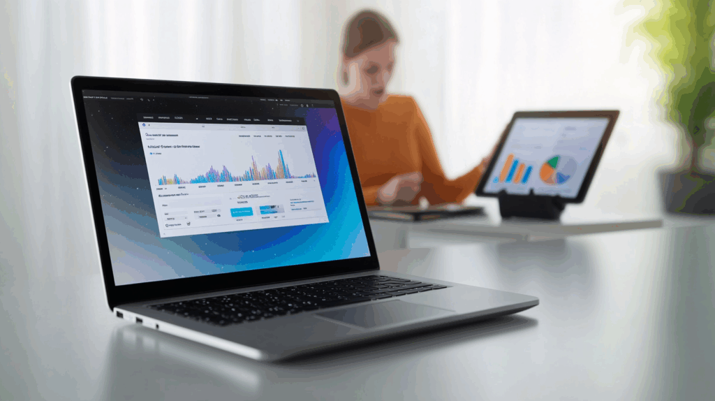 Modern dizüstü bilgisayar ve performans grafiklerini inceleyen odaklı kişi, yavaş yüklenen web sitesi ve ofis ortamı.