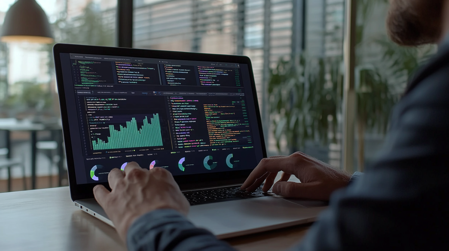 Modern ofis ortamında, kod ve performans ölçümleri gösteren laptop ekranıyla çalışan web geliştiricisi, odaklanmış ve teknik analiz yapıyor.