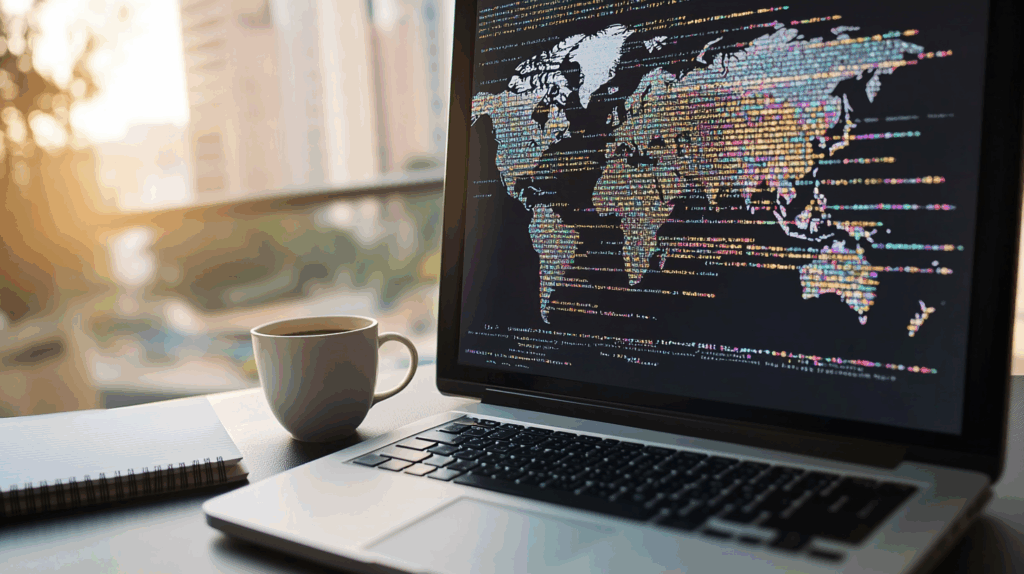 Düzenli ve aydınlık ofis ortamında, HTML kodu ve dünya haritası overlay'ı gösteren bilgisayar ekranı, içerik dağıtım ağları ve veri iletimi konseptiyle.