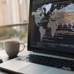 Düzenli ve aydınlık ofis ortamında, HTML kodu ve dünya haritası overlay'ı gösteren bilgisayar ekranı, içerik dağıtım ağları ve veri iletimi konseptiyle.