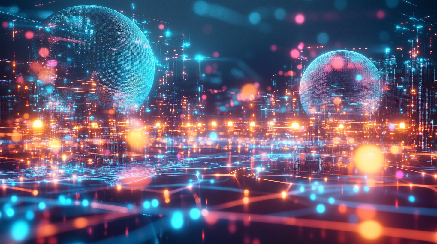 Geleceğin dijital şehir manzarası, holografik veri akışları ve parlak ağ düğümleriyle gelişmiş edge computing ve CDN teknolojilerini gösteriyor.
