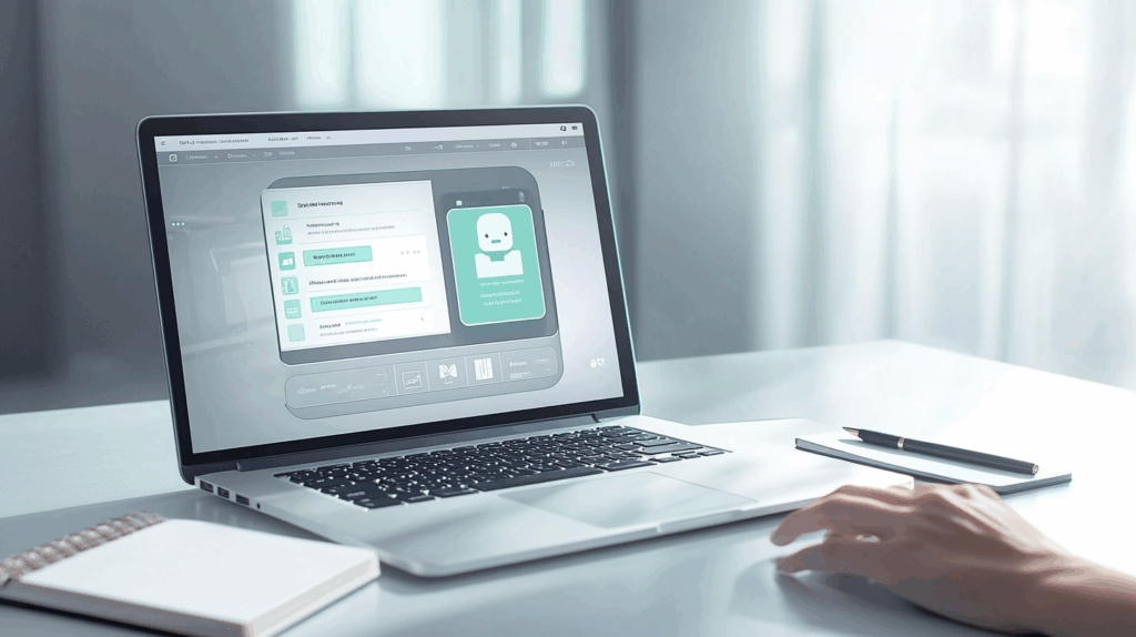 Modern dizüstü bilgisayar ve not defteriyle teknoloji odaklı profesyonel çalışma ortamı, chatbot arayüzü ve doğal aydınlatma.