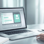 Modern dizüstü bilgisayar ve not defteriyle teknoloji odaklı profesyonel çalışma ortamı, chatbot arayüzü ve doğal aydınlatma.