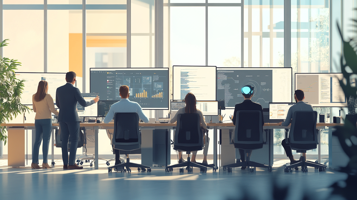 Modern ofis ortamında çeşitli profesyoneller, yapay zeka teknolojisiyle çalışan çoklu ekranlar ve doğal ışıkla verimlilik artışını gösteriyor.