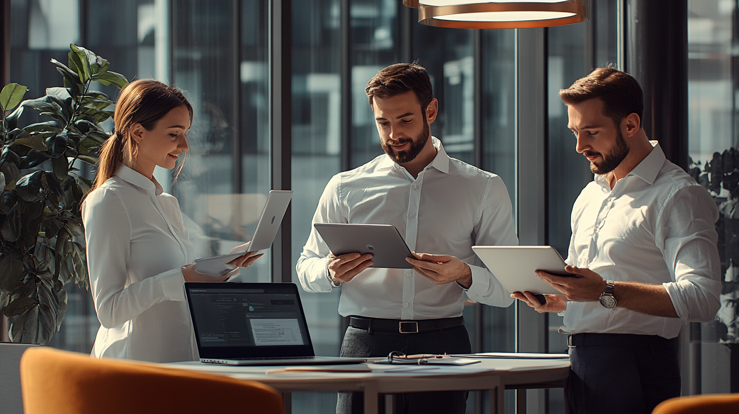 Modern ofis ortamında, yapay zeka araçlarıyla çalışan, işbirliği yapan profesyoneller ve doğal ışık altında verimli çalışma