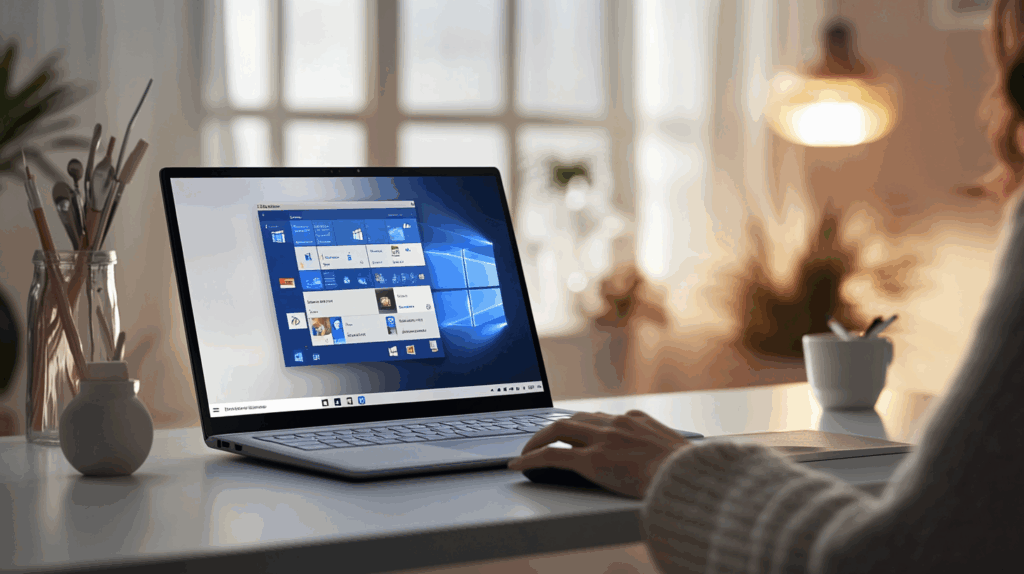 Modern ofis masasında Windows 11 ekranı açık dizüstü bilgisayar kullanan odaklanmış profesyonel, doğal ışıkla aydınlanmış.