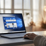 Modern ofis masasında Windows 11 ekranı açık dizüstü bilgisayar kullanan odaklanmış profesyonel, doğal ışıkla aydınlanmış.