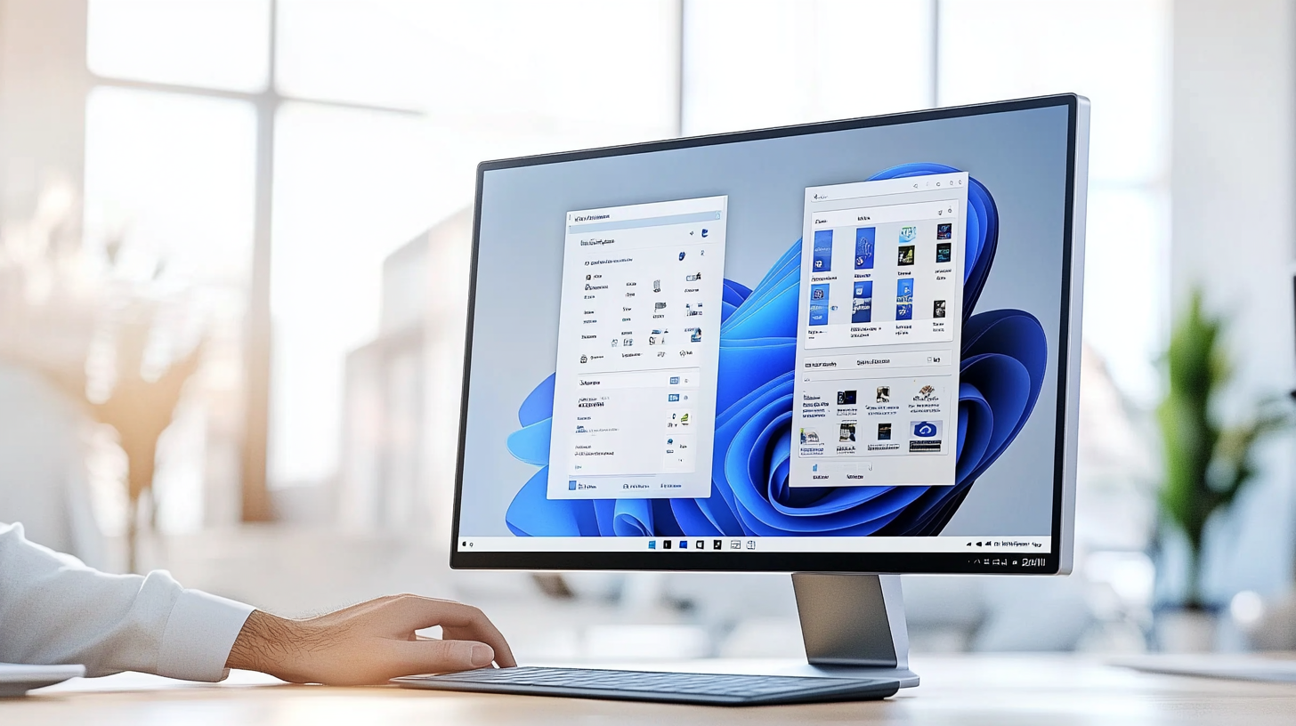 Modern ofiste Windows 11 24H2 güncelleme arayüzü ve yeni görev çubuğu ile başlat menüsünü kullanan kullanıcı.