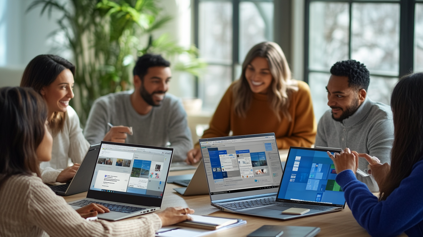 Çeşitli profesyoneller, Windows 11 ekranları açık dizüstü bilgisayarlarla modern ofiste işbirliği yapıyor, verimlilik ve ekip çalışması.