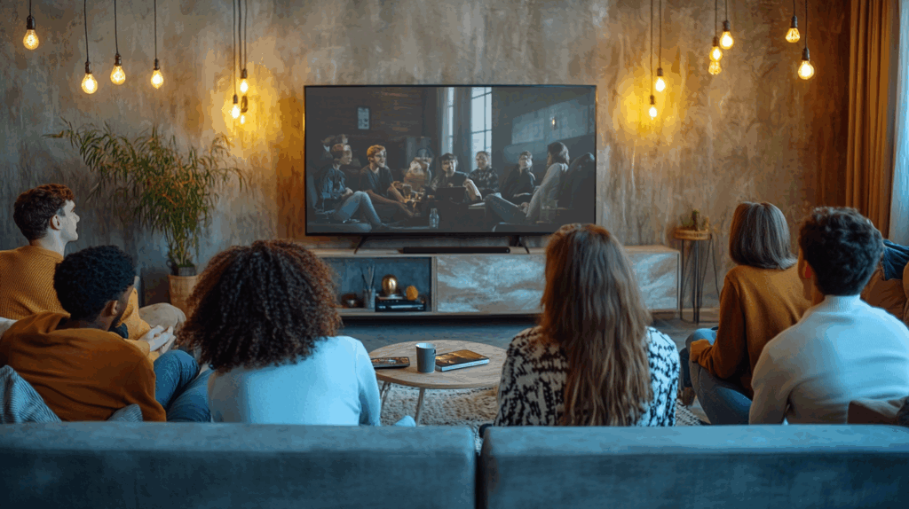 Modern oturma odasında rahat genç yetişkinler büyük ekran TV'de film izliyor, samimi ve teknolojik sosyal ortam.