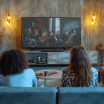 Modern oturma odasında rahat genç yetişkinler büyük ekran TV'de film izliyor, samimi ve teknolojik sosyal ortam.