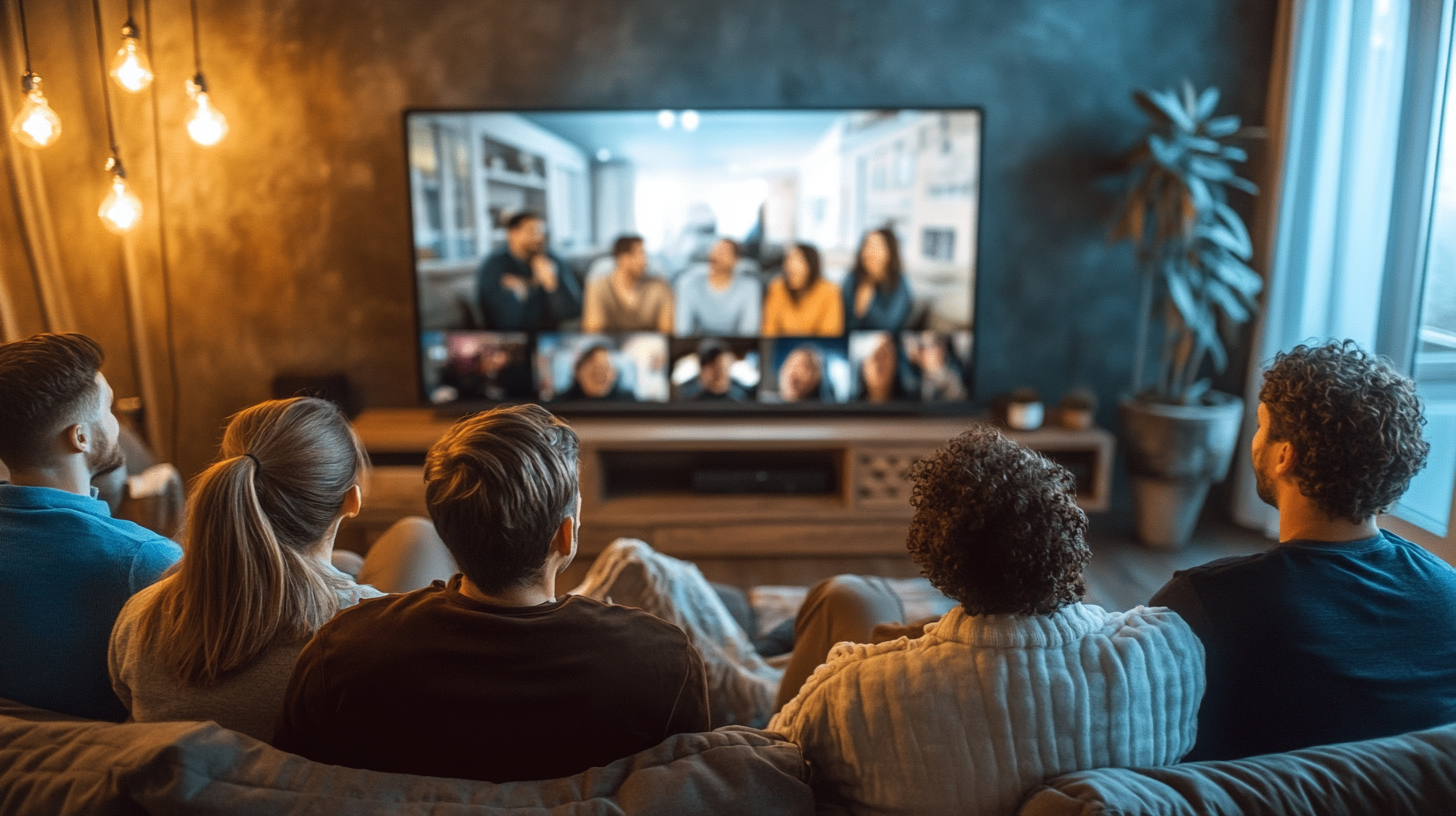 Çeşitli yaş ve etnik kökenden insanlar, büyük düz ekran TV'de dijital yayın izleyerek samimi bir oturma odasında birlikte eğleniyor.