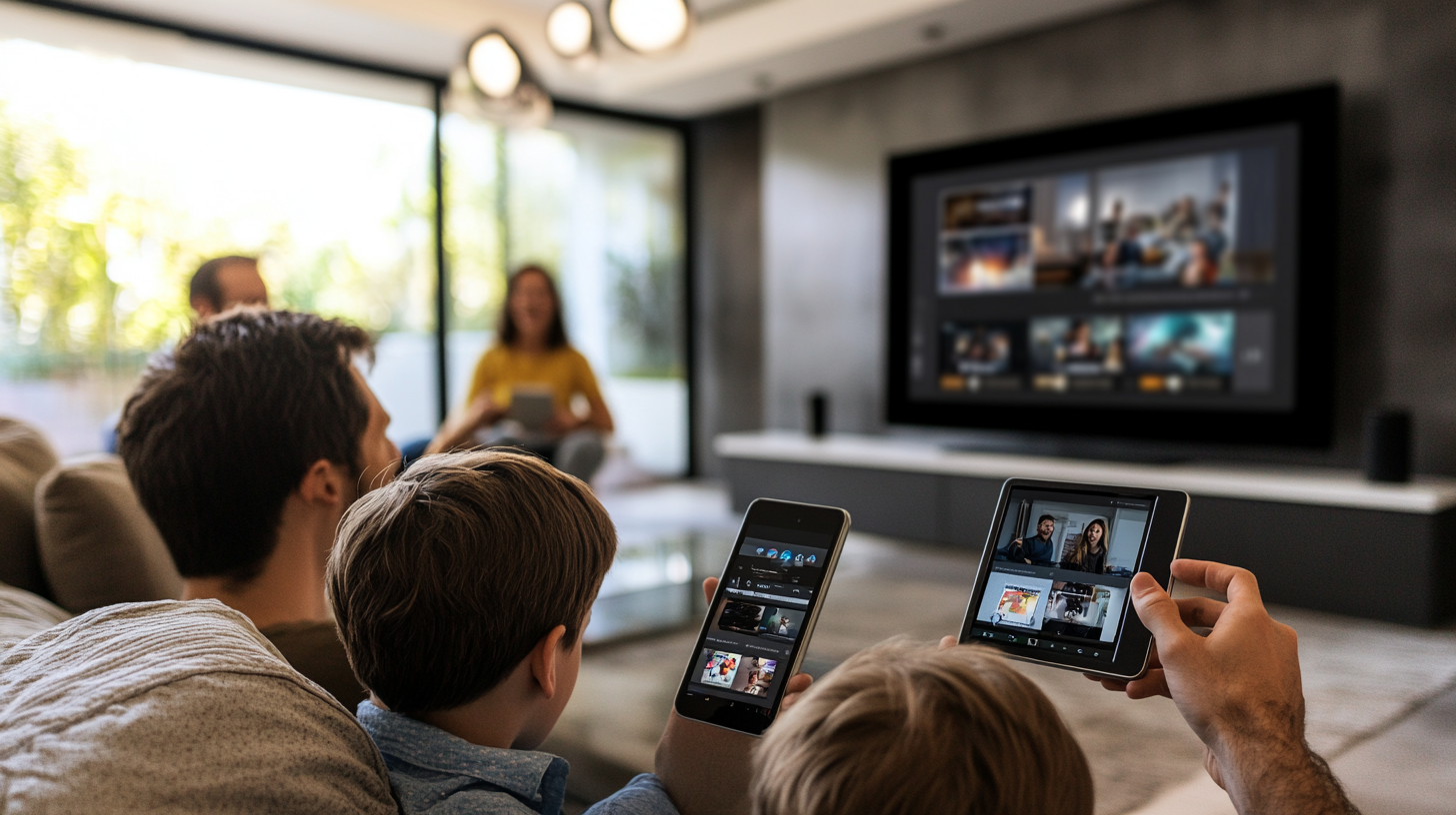 Modern evde bir aile, çoklu kullanıcı profilleri ve cihaz yönetimiyle smart TV, tablet ve akıllı telefonla içerik izliyor.