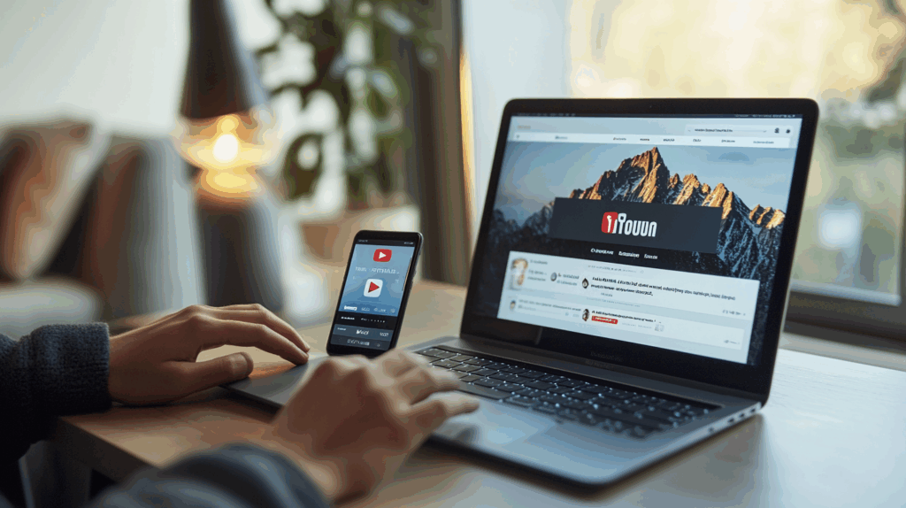 Modern ev ofis ortamında YouTube ana sayfası açık laptop ve VPN uygulaması gösteren akıllı telefon, klavye üzerinde eller.
