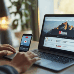 Modern ev ofis ortamında YouTube ana sayfası açık laptop ve VPN uygulaması gösteren akıllı telefon, klavye üzerinde eller.