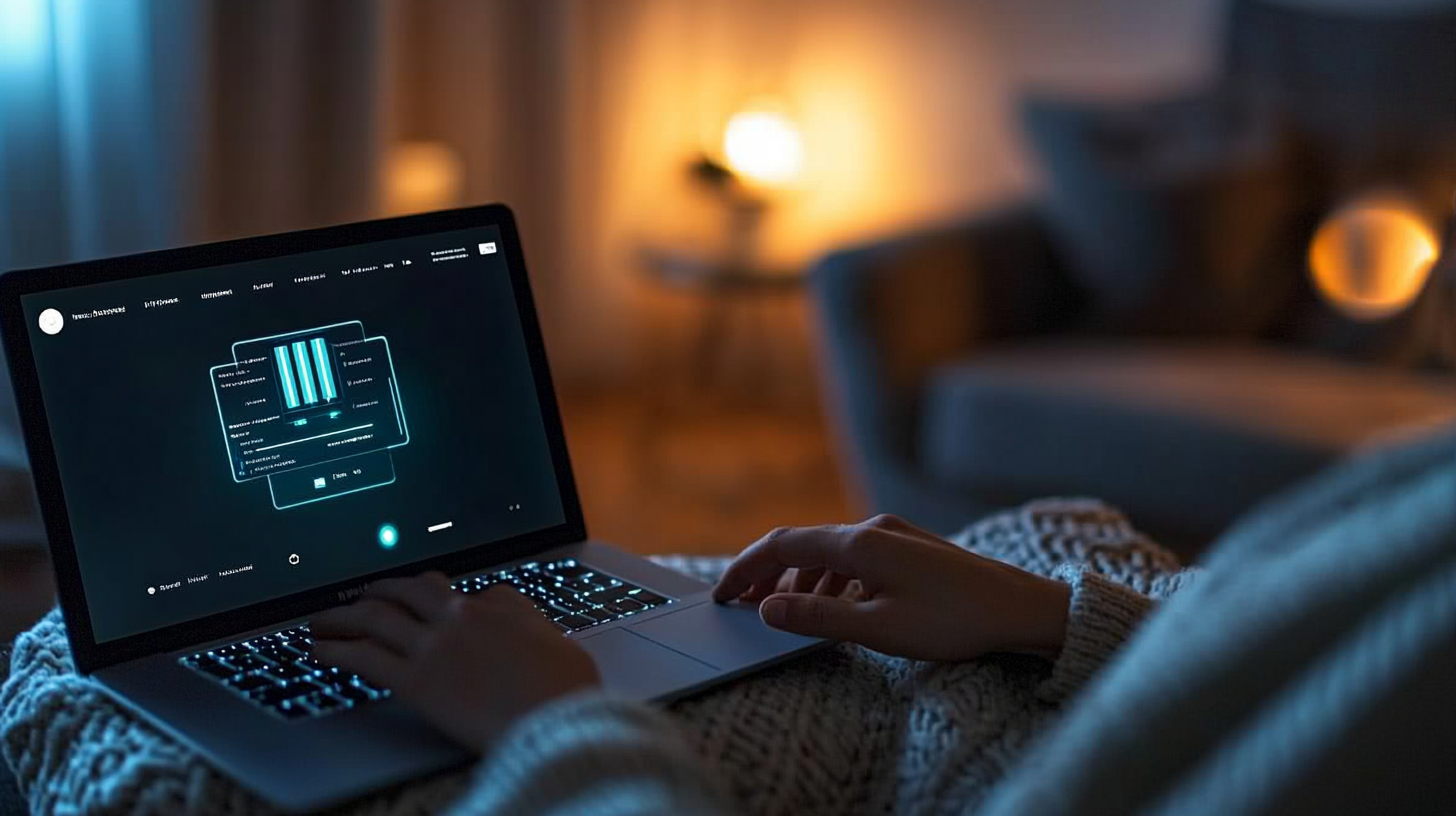Yumuşak ışıkta rahat bir odada, VPN arayüzü açık dizüstü bilgisayar kullanan kişi, dijital içeriğe erişim sağlıyor.