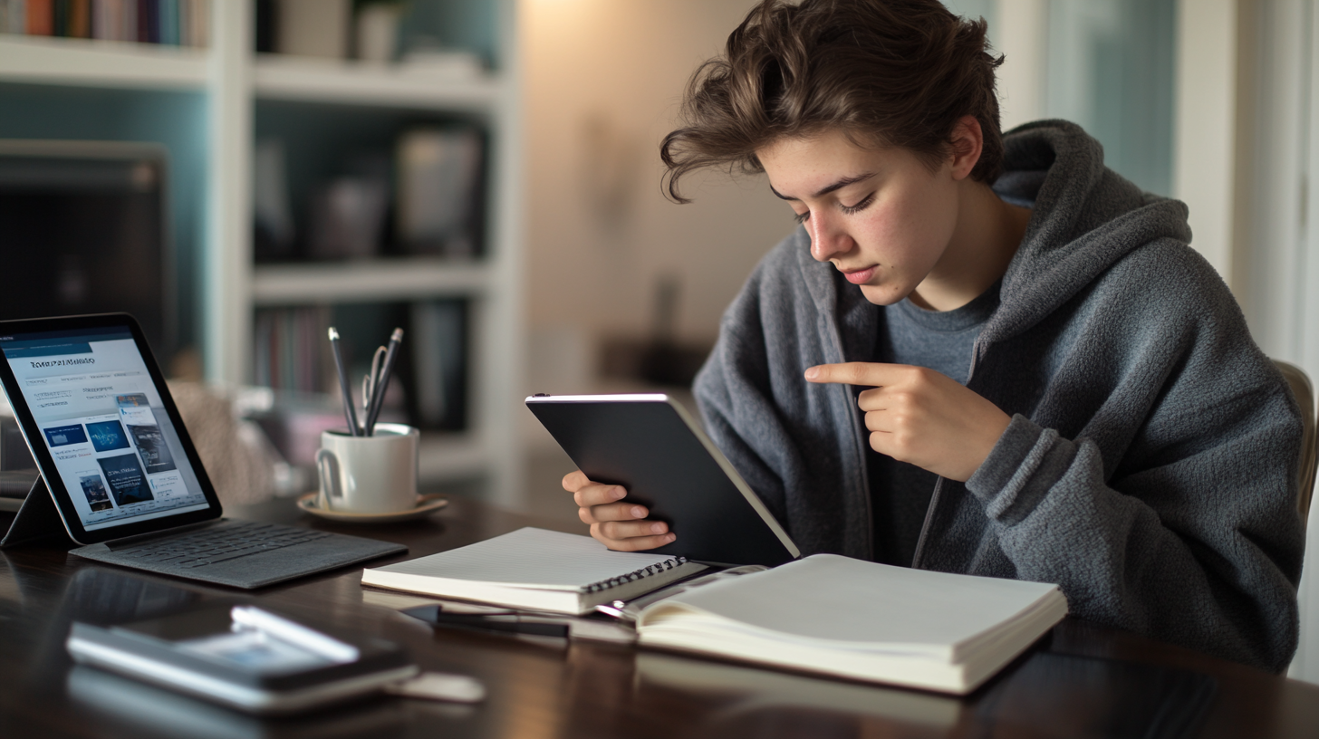 Genç yetişkin, modern ev ofisinde dijital abonelikler için stratejik bütçe planlaması yaparken not defteri ve tablet kullanıyor.