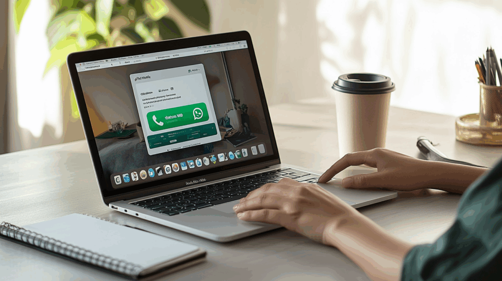 Modern çalışma alanında, doğal ışıkta WhatsApp Web açık dizüstü bilgisayar kullanan çeşitli eller, temiz masa, kahve ve defter.