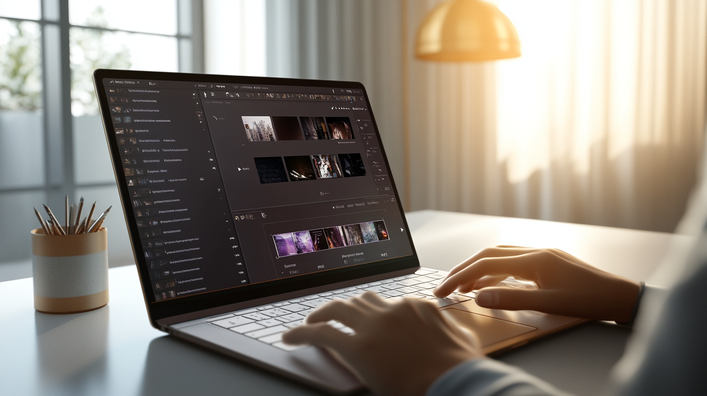 Modern dizüstü bilgisayarda video dosyalarını sıkıştıran kişi, dosya klasörleri ve video önizlemeleriyle ev ofis ortamında.