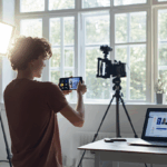 Parlak modern ev stüdyosunda profesyonel ışıklarla sosyal medya analitiği ekranı önünde akıllı telefonla video çeken genç içerik üreticisi.