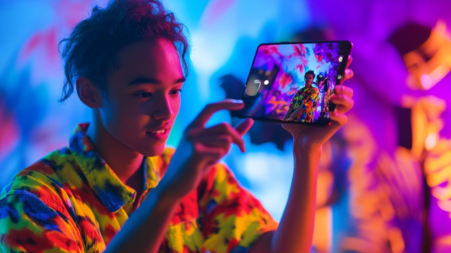 Genç içerik oluşturucu, doğal ışıkta canlı renklerle Instagram Reels için akıllı telefonla dinamik video çekiyor.