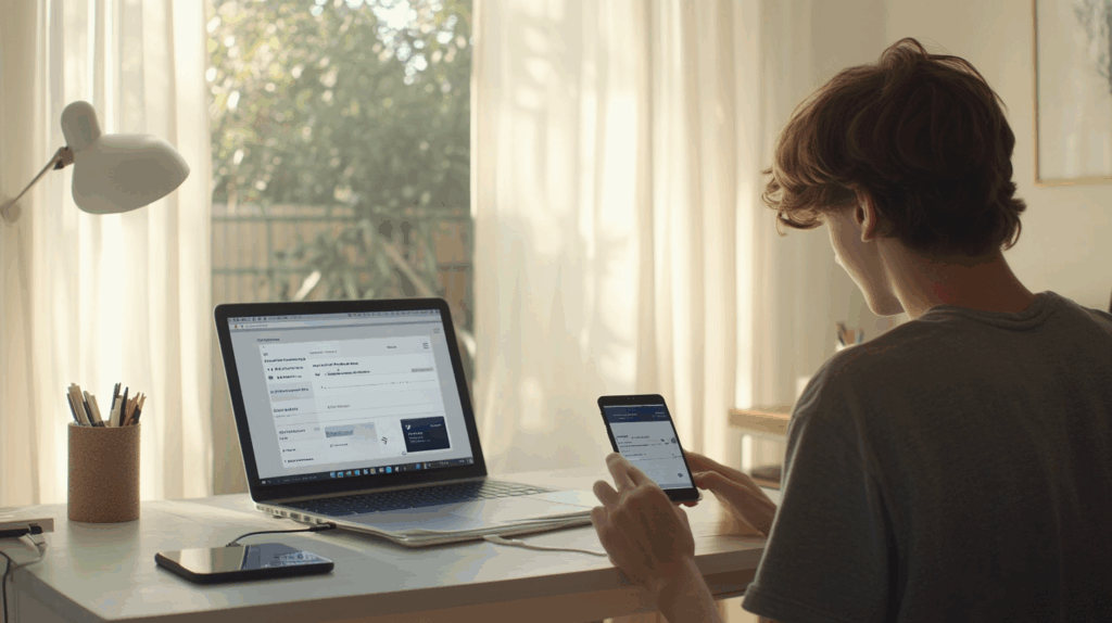 Genç yetişkin, modern ev ofisinde laptop ve akıllı telefonla abonelik servislerini karşılaştırıyor, doğal ışıkla aydınlanmış.
