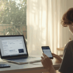 Genç yetişkin, modern ev ofisinde laptop ve akıllı telefonla abonelik servislerini karşılaştırıyor, doğal ışıkla aydınlanmış.