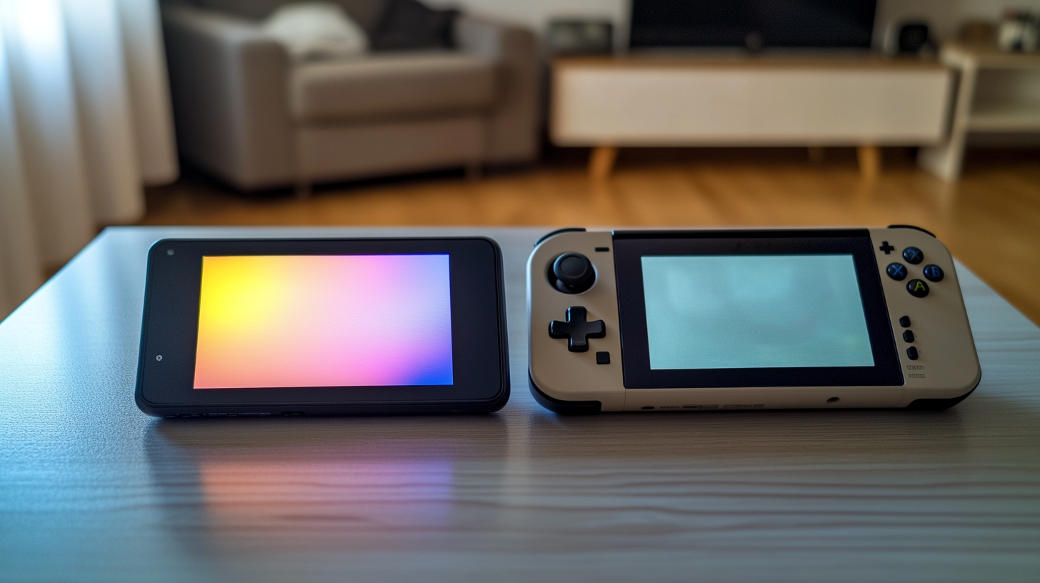 Ahşap masada yan yana duran, biri OLED ekranlı diğeri klasik LCD ekranlı iki taşınabilir oyun konsolu, doğal ışıkta.