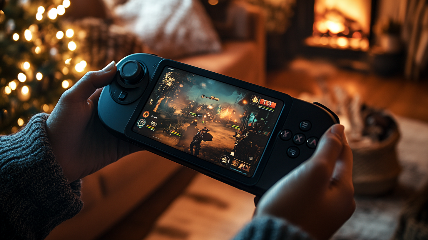 Ellerinde Steam Deck OLED oyun konsolu tutan kişi, doğal ışıkta oyun oynuyor, konforlu iç mekan arka planıyla.