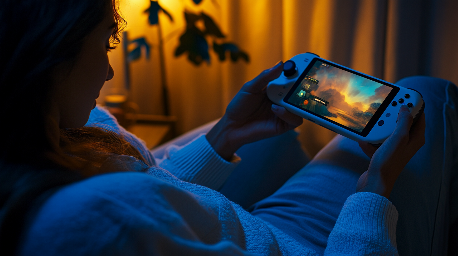 OLED ekranlı taşınabilir oyun cihazı ile rahat ve odaklanmış şekilde oyun oynayan kişi, göz konforu vurgulu.