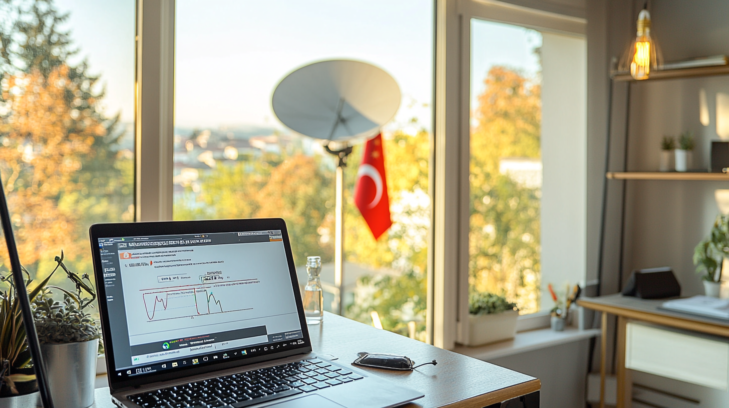 Modern ev ofisinde, Starlink uydu anteni ve internet hız testi sonuçları gösteren dizüstü bilgisayar, Türkiye bayrağı arka planda.