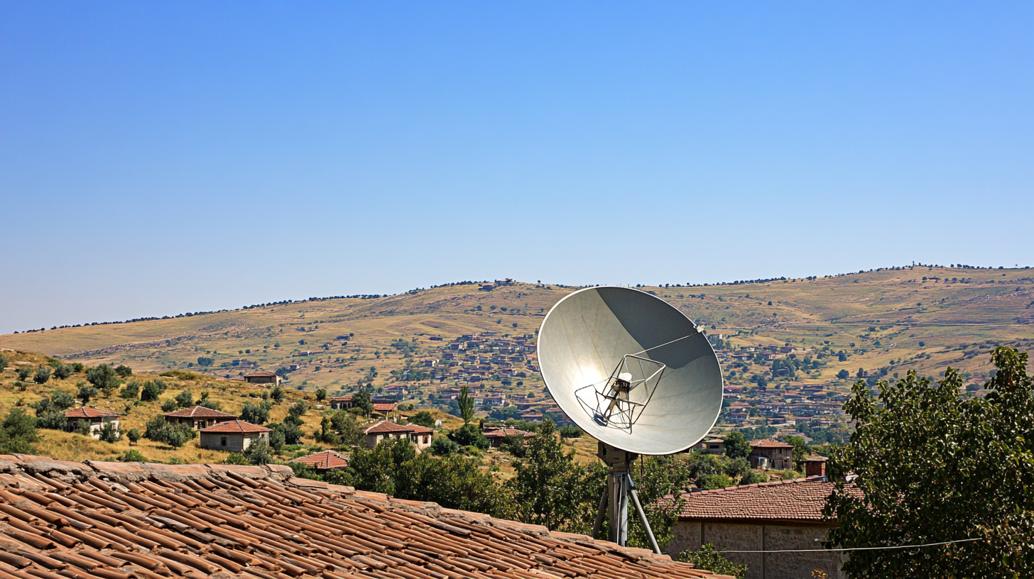 Kırsal Türk manzarasında, tepede modern uydu internet anteniyle donatılmış ev, açık mavi gökyüzü altında.