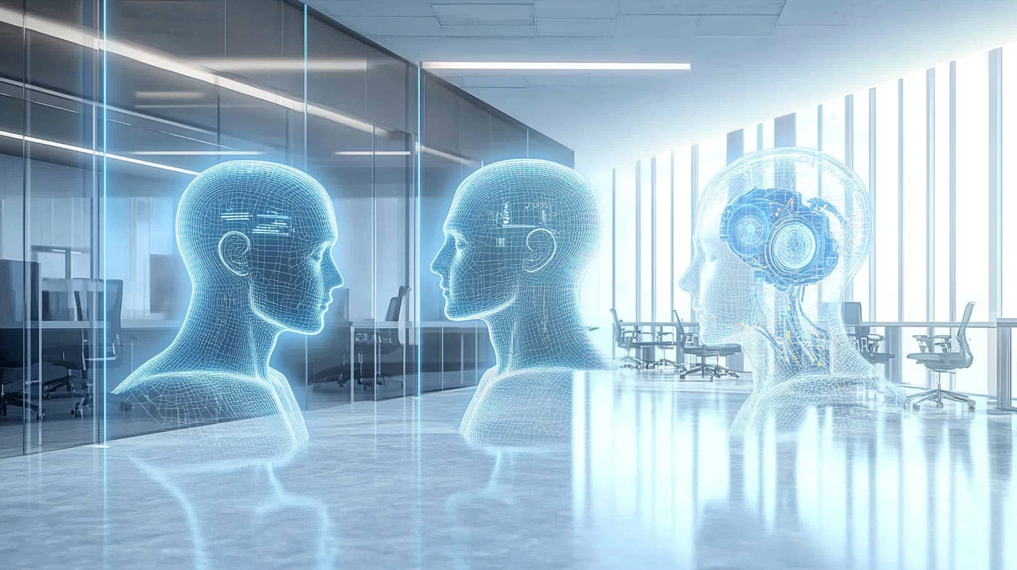 Modern ofiste ChatGPT, Claude 3 ve Gemini yapay zeka hologramları, AI teknolojisinde rekabet ve yeniliği simgeliyor.