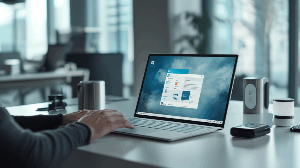 Modern ofiste, Windows masaüstü ve yapay zeka asistanı arayüzüyle çalışan profesyonel, temiz ve teknolojik çalışma alanı.