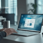 Modern ofiste, Windows masaüstü ve yapay zeka asistanı arayüzüyle çalışan profesyonel, temiz ve teknolojik çalışma alanı.