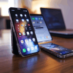 Yan yana duran iPhone 16 Pro Max ve Samsung Galaxy S24 Ultra, modern tasarım ve ekran detaylarıyla minimal masa üstü ortamı.