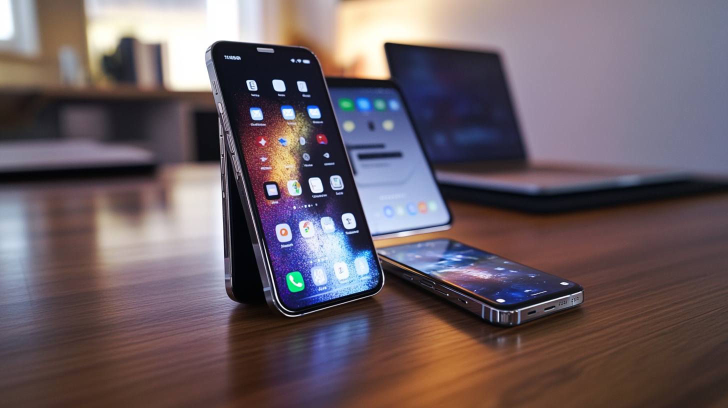 Yan yana duran iPhone 16 Pro Max ve Samsung Galaxy S24 Ultra, modern tasarım ve ekran detaylarıyla minimal masa üstü ortamı.