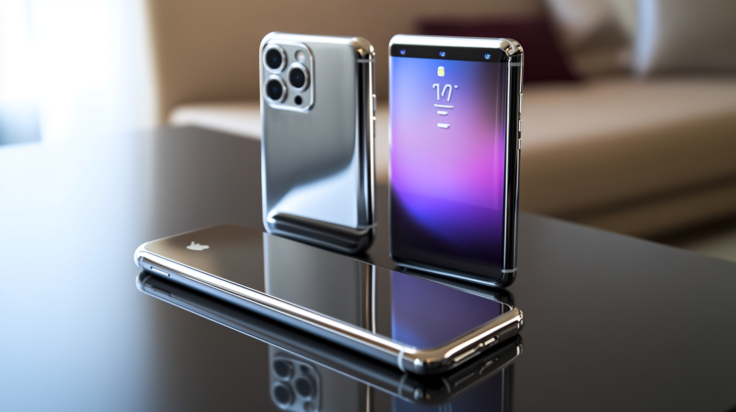 Yan yana modern iPhone ve Samsung Galaxy amiral gemisi telefonlar, paslanmaz çelik, seramik ve AMOLED ekran detaylarıyla premium tasarım.