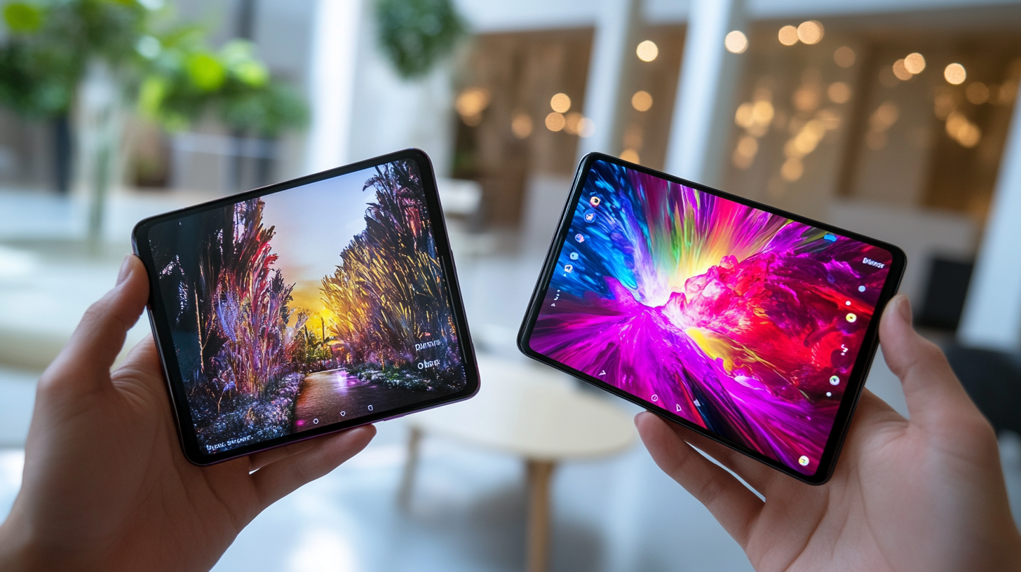İki elde tutulan, biri dinamik ada tasarımlı parlak OLED ekran, diğeri yüksek çözünürlüklü LTPO AMOLED ekranlı akıllı telefonlar.