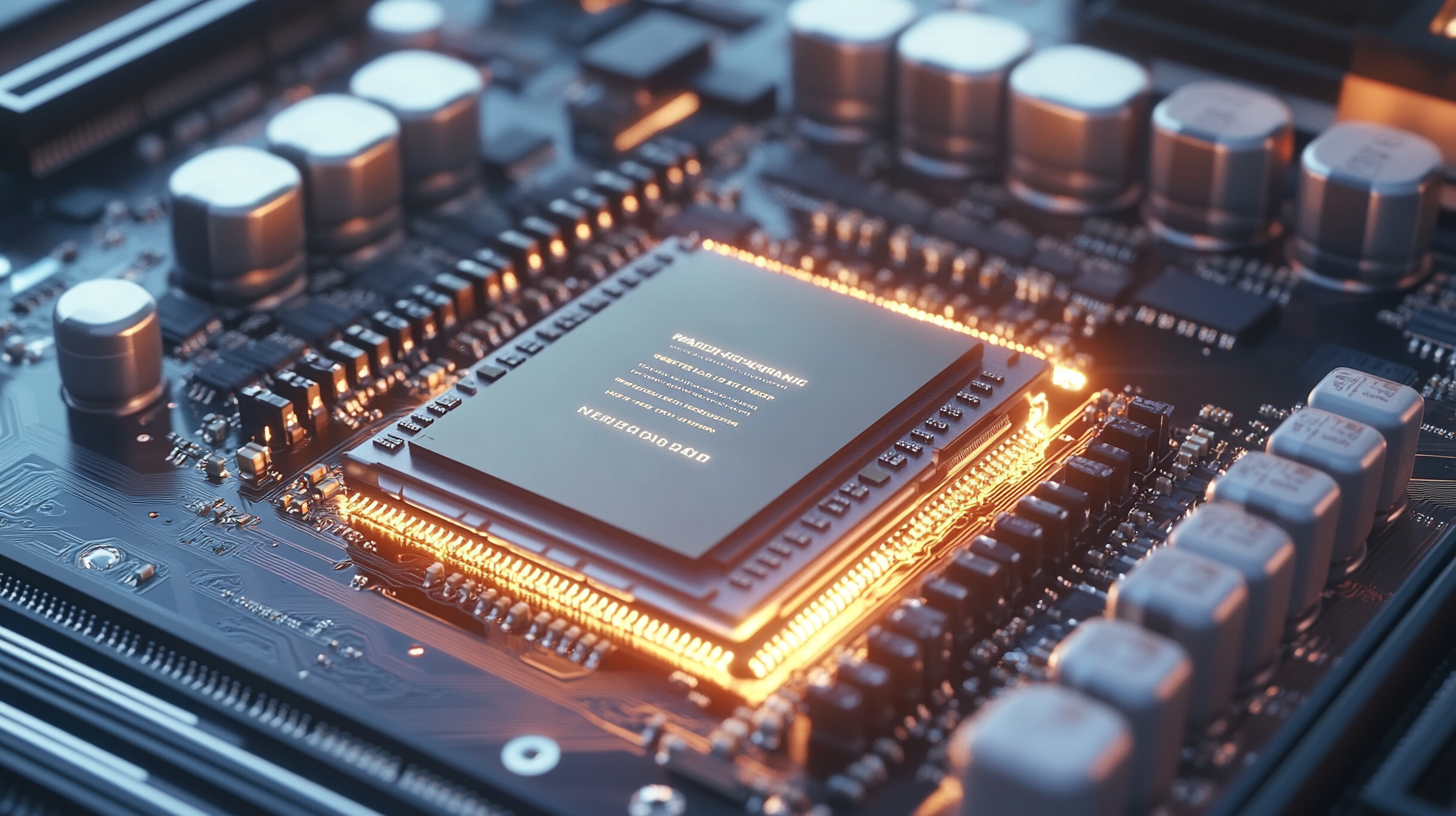 Yakın çekim akıllı telefon anakartı, merkezi işlemci çipi ve RAM modülleri, gelişmiş teknoloji ve yüksek performans vurgusu.