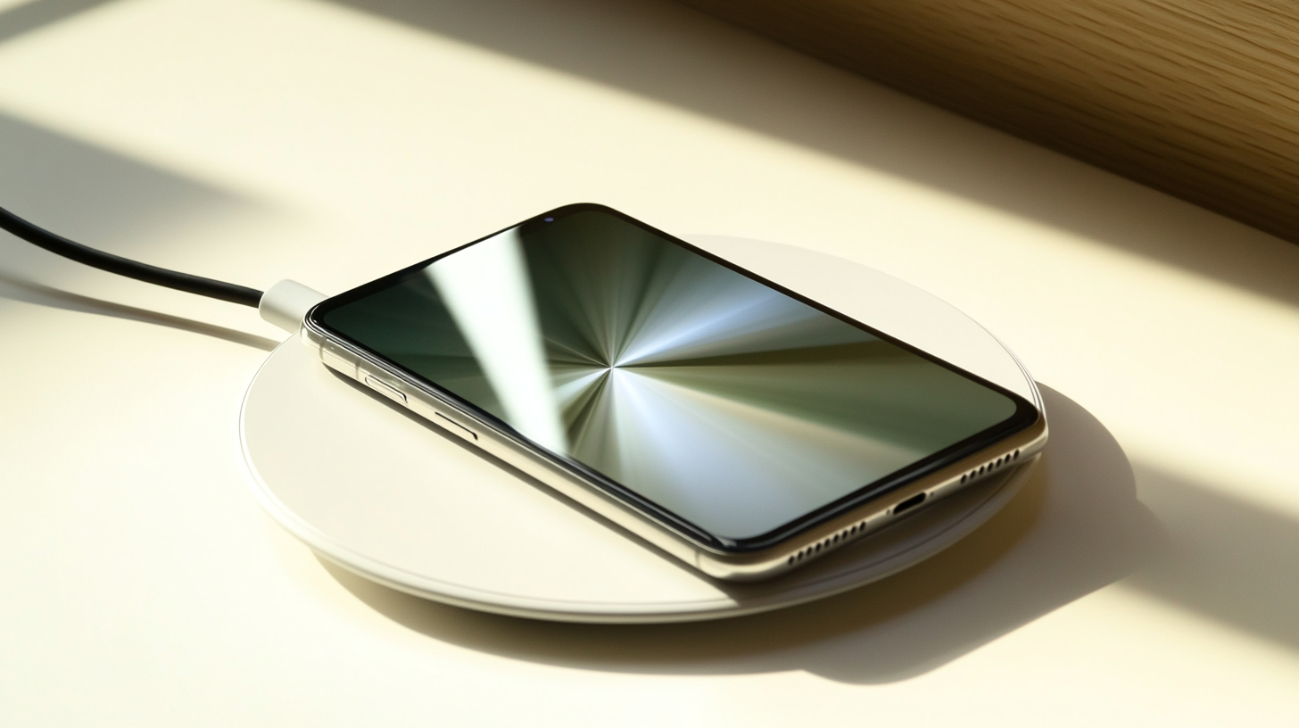 Modern akıllı telefon, kablosuz şarj pedi üzerinde şarj oluyor, doğal ışıkta minimal ve temiz teknoloji kullanımı.