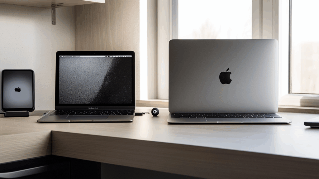 Modern çalışma alanı, M3 MacBook Air ve yüksek performanslı Intel dizüstü bilgisayar, doğal ışık ve minimalist masa düzeni.