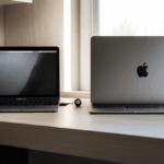 Modern çalışma alanı, M3 MacBook Air ve yüksek performanslı Intel dizüstü bilgisayar, doğal ışık ve minimalist masa düzeni.