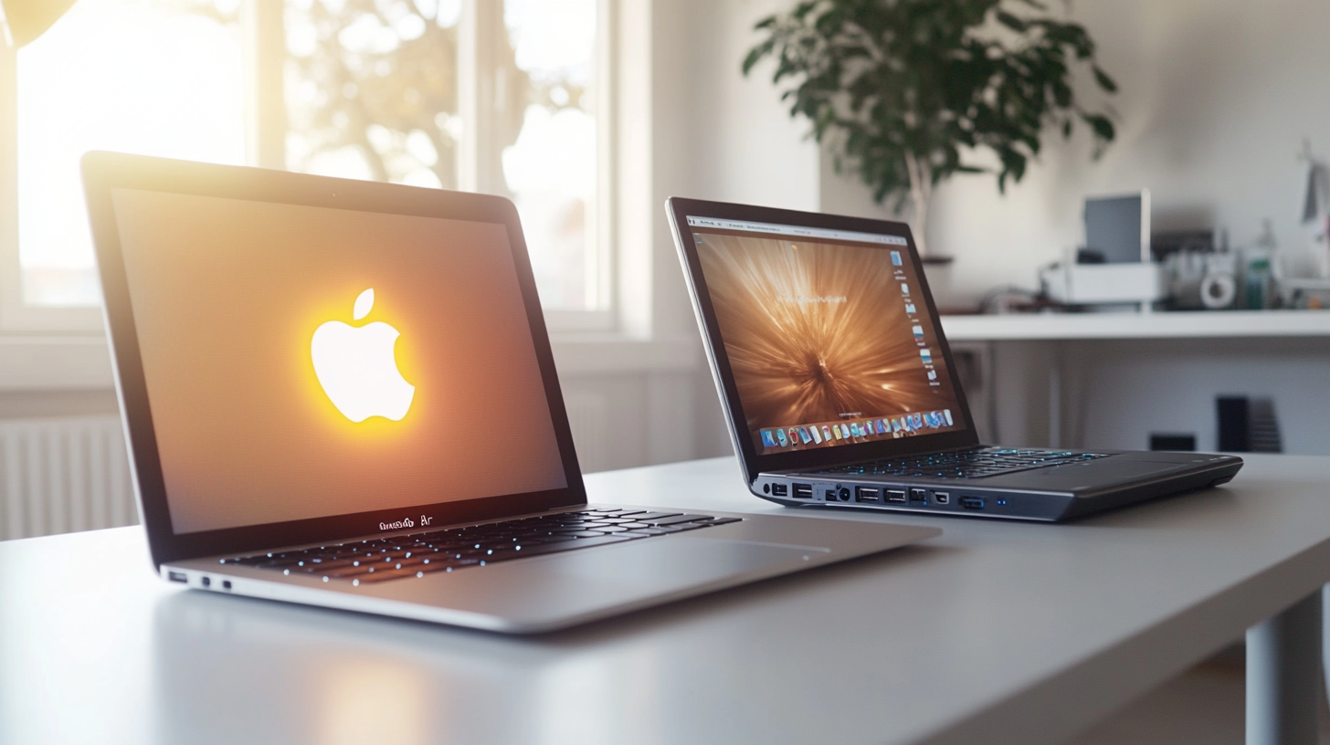 Modern çalışma masasında yan yana duran, Apple logosu parlayan MacBook Air ve yüksek performanslı Intel dizüstü bilgisayar.
