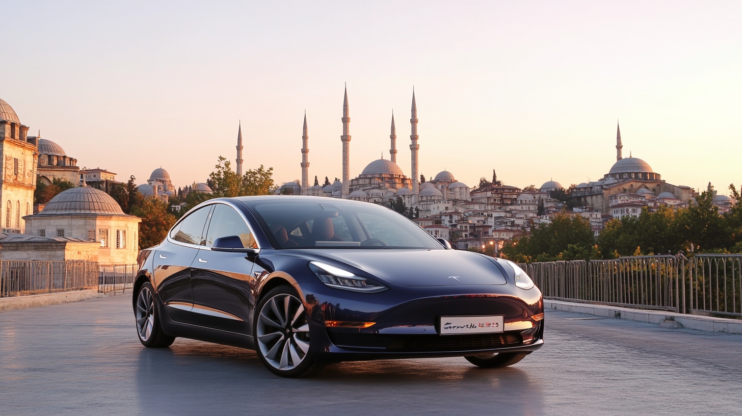 Gün ışığında modern Türk mimarisi önünde park eden şık Tesla Model 3 Highland, elektrikli otomobil tasarımı ve kentsel ortam.