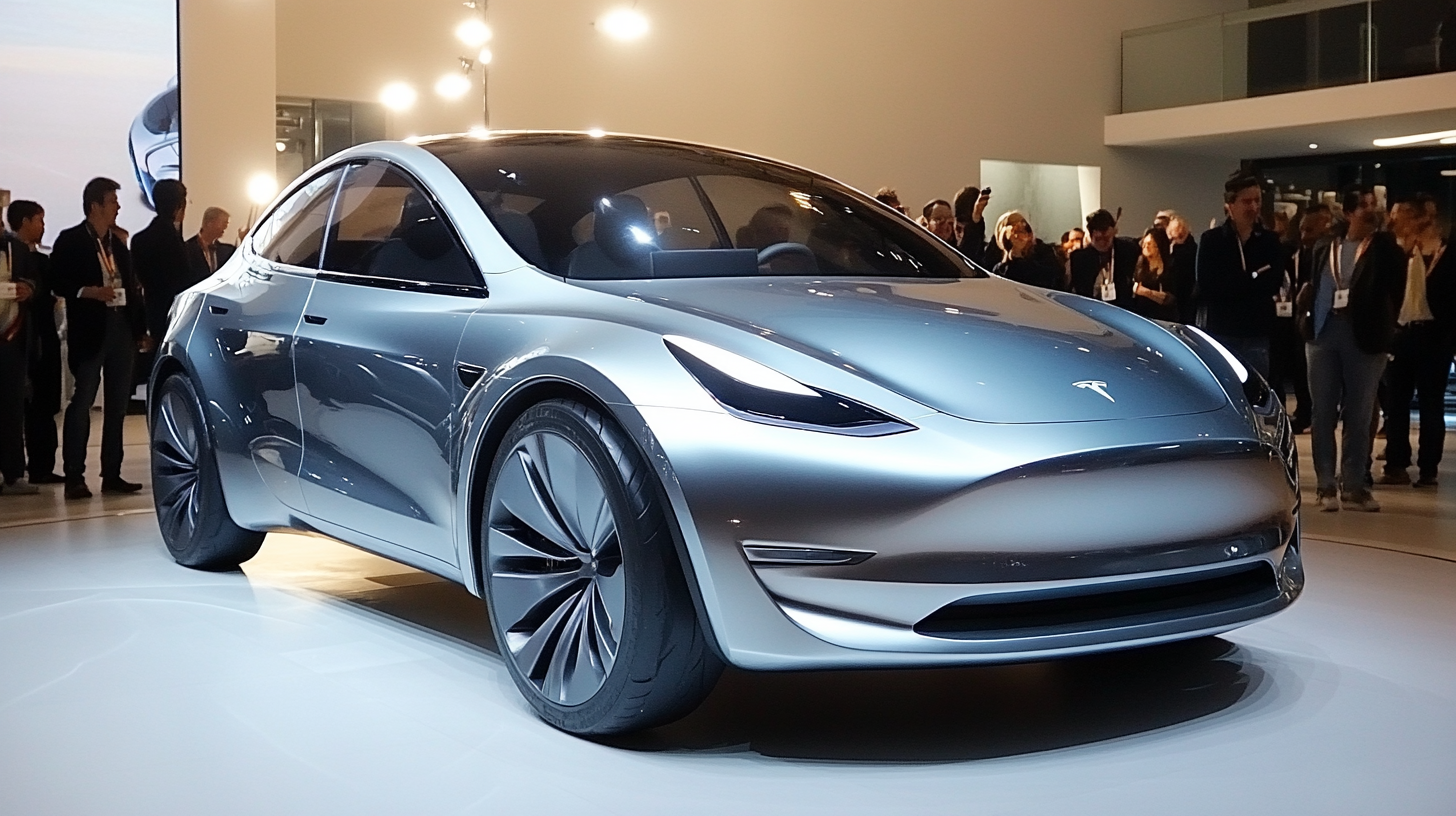 Modern otomobil lansmanında parlak showroom ışıkları altında Tesla Model 3 Highland elektrikli aracın yenilikçi tasarımı ve teknolojisi.
