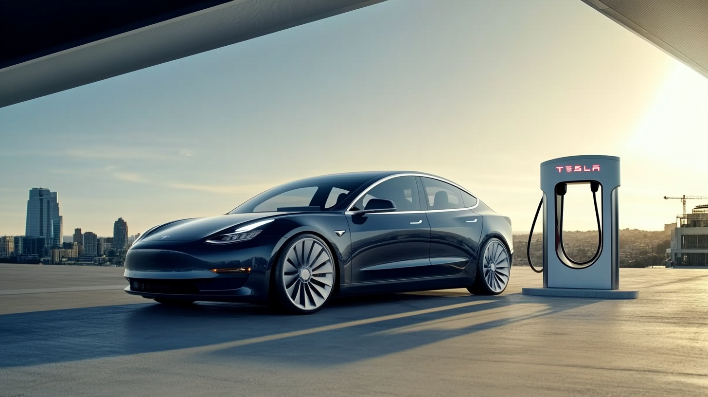 Tesla Model 3 Highland elektrikli araç, gelişmiş batarya teknolojisiyle Tesla Supercharger istasyonunda hızlı şarj oluyor.