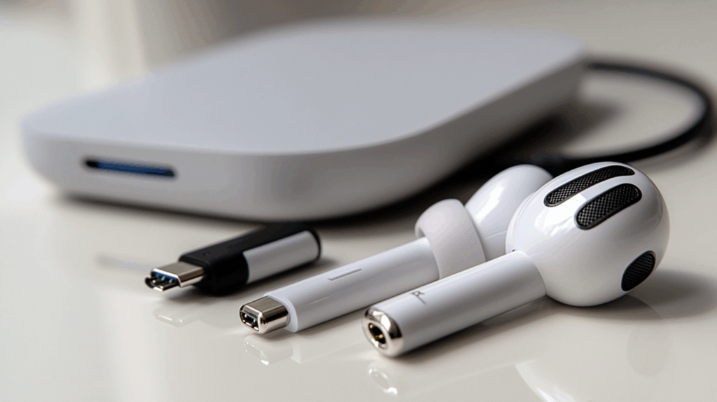 Beyaz yüzeyde modern USB-C kablosu yanında kablosuz kulaklıklar, minimal tasarım ve doğal ışıkla vurgulanmış teknoloji ürünü.
