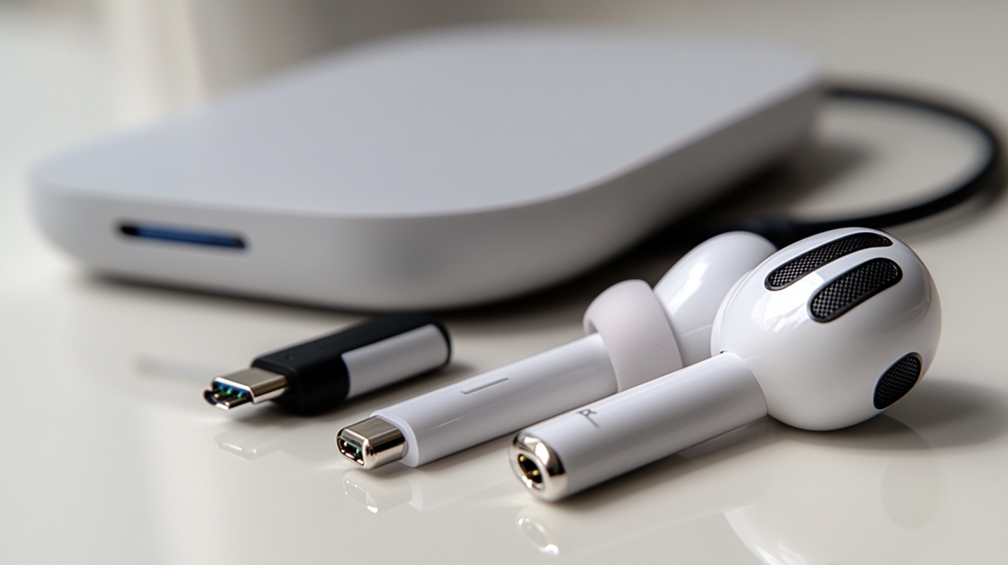 Beyaz yüzeyde modern USB-C kablosu yanında kablosuz kulaklıklar, minimal tasarım ve doğal ışıkla vurgulanmış teknoloji ürünü.