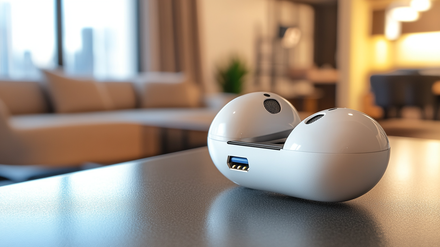 Yakın çekim kablosuz kulaklıklar, USB-C şarj portu görünür, modern yüzeyde, doğal ışıkla teknoloji ve tasarım vurgusu.